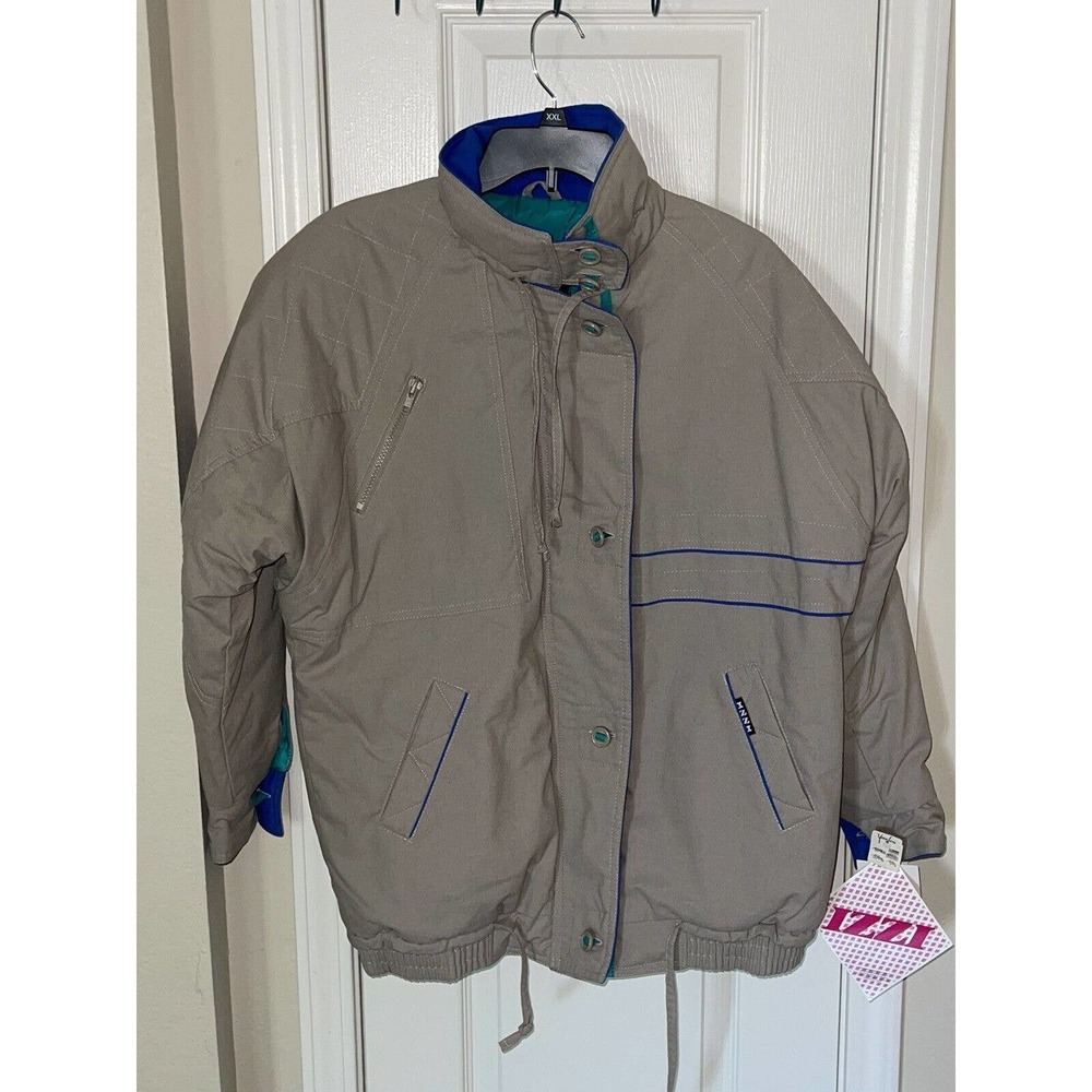 Women’s IZZI Medium Tan w/ Blue‎ & Green Coat Parka Full Zip With Toggle Buttons